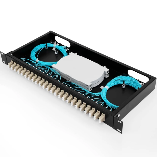 Main image of 24 Duplex 48 Port LC-OM3 Multimode Fiber Enclosure Rack Mount Fiber Box LC-UPC Kit 1 RU Fits 19" Racks Cabinet (Include 2Pcs Splice Trays 48 Strand Pigtail 1M Cables Spool+48 Core LGX Loaded Patch