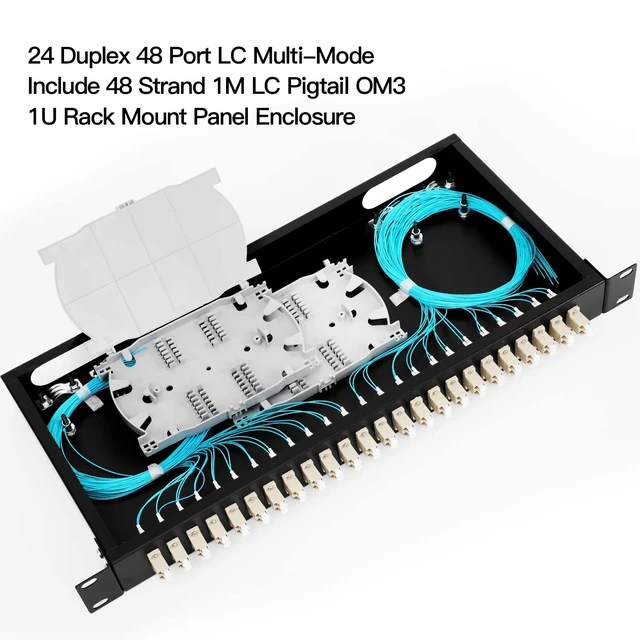 Alt view image 2 of 7 - 24 Duplex 48 Port LC-OM3 Multimode Fiber Enclosure Rack Mount Fiber Box LC-UPC Kit 1 RU Fits 19" Racks Cabinet (Include 2Pcs Splice Trays 48 Strand Pigtail 1M Cables Spool+48 Core LGX Loaded Patch