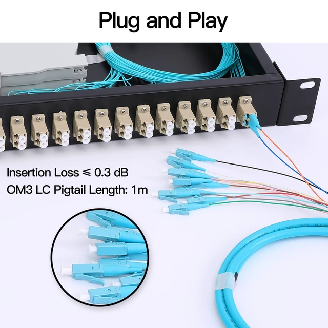 Alt view image 4 of 7 - 24 Duplex 48 Port LC-OM3 Multimode Fiber Enclosure Rack Mount Fiber Box LC-UPC Kit 1 RU Fits 19" Racks Cabinet (Include 2Pcs Splice Trays 48 Strand Pigtail 1M Cables Spool+48 Core LGX Loaded Patch