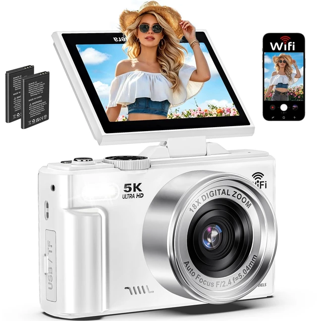 Main image of 5K Digital Cameras for Photography, 75MP WiFi Vlogging Camera for YouTube 3" 180° Flip Screen, 18X Digital Zoom Camera for Teens & Beginners, UHD Autofocus Video Camera with 32GB SD Card, 2 Batteries