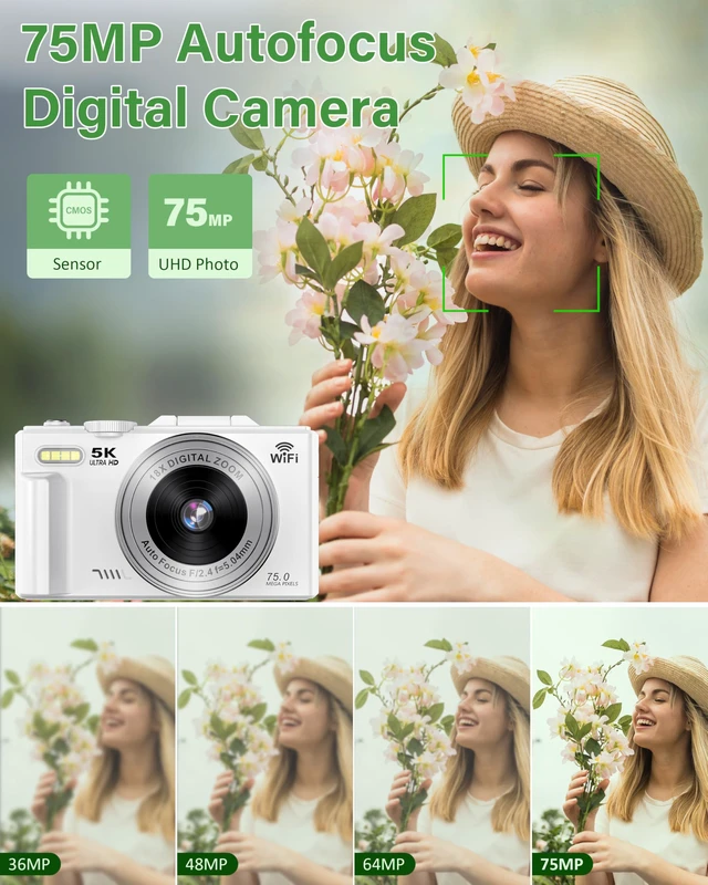 Alt view image 2 of 7 - 5K Digital Cameras for Photography, 75MP WiFi Vlogging Camera for YouTube 3" 180° Flip Screen, 18X Digital Zoom Camera for Teens & Beginners, UHD Autofocus Video Camera with 32GB SD Card, 2 Batteries