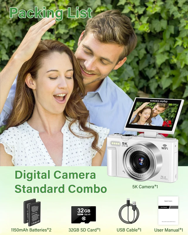 Alt view image 7 of 7 - 5K Digital Cameras for Photography, 75MP WiFi Vlogging Camera for YouTube 3" 180° Flip Screen, 18X Digital Zoom Camera for Teens & Beginners, UHD Autofocus Video Camera with 32GB SD Card, 2 Batteries