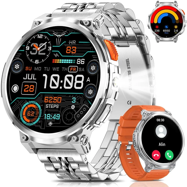Main image of 1.85" Big Screen Military Smart Watch for Men with Flashlight, 930mAh Large Battery, IP68 Waterproof, Bluetooth Calling, 114 Sports Modes, Heart Rate/Sleep Monitor for iPhone & Android