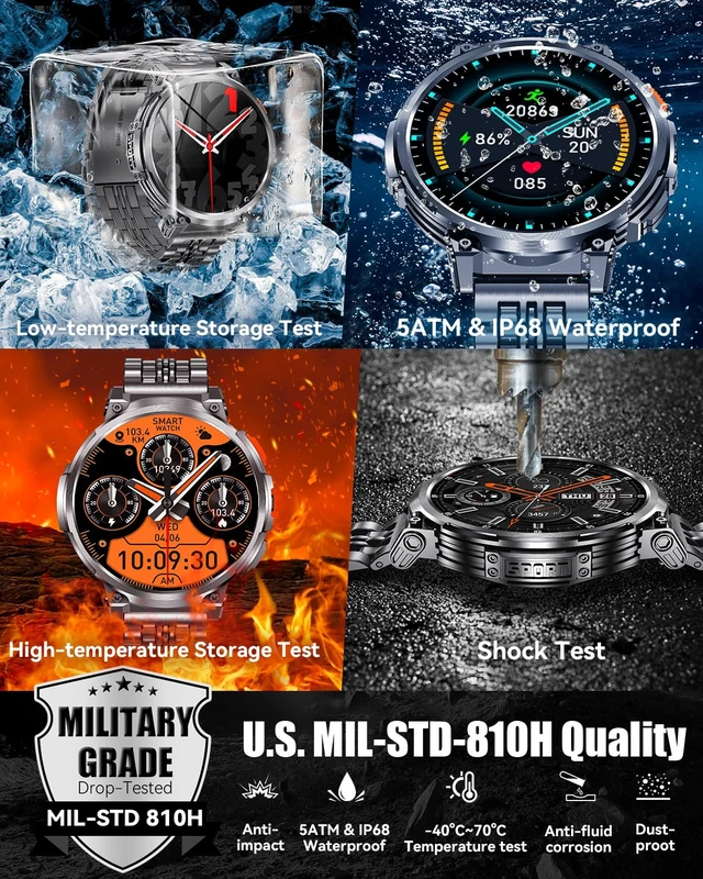 Alt view image 3 of 7 - 1.85" Big Screen Military Smart Watch for Men with Flashlight, 930mAh Large Battery, IP68 Waterproof, Bluetooth Calling, 114 Sports Modes, Heart Rate/Sleep Monitor for iPhone & Android