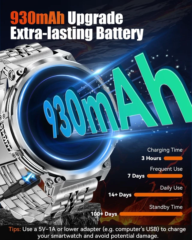 Alt view image 4 of 7 - 1.85" Big Screen Military Smart Watch for Men with Flashlight, 930mAh Large Battery, IP68 Waterproof, Bluetooth Calling, 114 Sports Modes, Heart Rate/Sleep Monitor for iPhone & Android