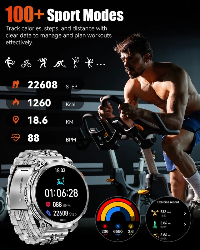 Alt view image 6 of 7 - 1.85" Big Screen Military Smart Watch for Men with Flashlight, 930mAh Large Battery, IP68 Waterproof, Bluetooth Calling, 114 Sports Modes, Heart Rate/Sleep Monitor for iPhone & Android