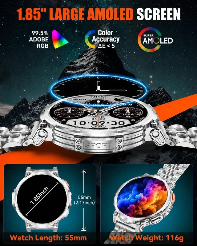 Alt view image 2 of 7 - 1.85" Big Screen Military Smart Watch for Men with Flashlight, 930mAh Large Battery, IP68 Waterproof, Bluetooth Calling, 114 Sports Modes, Heart Rate/Sleep Monitor for iPhone & Android
