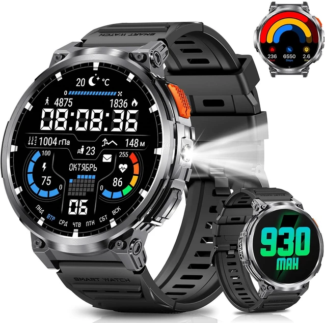 Main image of Military Smart Watch for Men, 1.85" Big Screen, Flashlight, 930mAh Battery Bluetooth Calling, IP68 Waterproof, 114 Sports Modes, Fitness Tracker, Compatible with Android & iPhone
