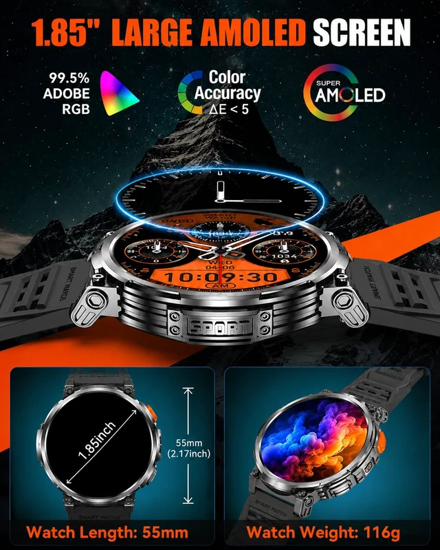 Alt view image 2 of 7 - Military Smart Watch for Men, 1.85" Big Screen, 930mAh Battery, Flashlight AMOLED Display, Bluetooth Calling, IP68 Waterproof, 114 Sports Modes, Fitness Tracker, Compatible with Android & iPhone