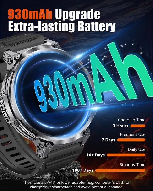 Alt view image 3 of 7 - Military Smart Watch for Men, 1.85" Big Screen, 930mAh Battery, Flashlight AMOLED Display, Bluetooth Calling, IP68 Waterproof, 114 Sports Modes, Fitness Tracker, Compatible with Android & iPhone