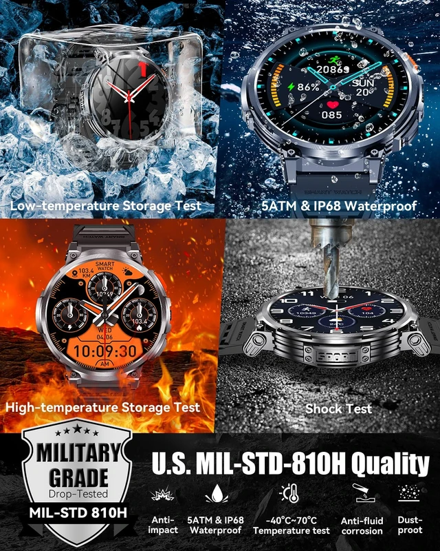 Alt view image 4 of 7 - Military Smart Watch for Men, 1.85" Big Screen, 930mAh Battery, Flashlight AMOLED Display, Bluetooth Calling, IP68 Waterproof, 114 Sports Modes, Fitness Tracker, Compatible with Android & iPhone