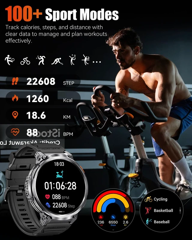 Alt view image 5 of 7 - Military Smart Watch for Men, 1.85" Big Screen, 930mAh Battery, Flashlight AMOLED Display, Bluetooth Calling, IP68 Waterproof, 114 Sports Modes, Fitness Tracker, Compatible with Android & iPhone
