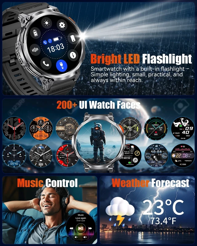 Alt view image 7 of 7 - Military Smart Watch for Men, 1.85" Big Screen, 930mAh Battery, Flashlight AMOLED Display, Bluetooth Calling, IP68 Waterproof, 114 Sports Modes, Fitness Tracker, Compatible with Android & iPhone