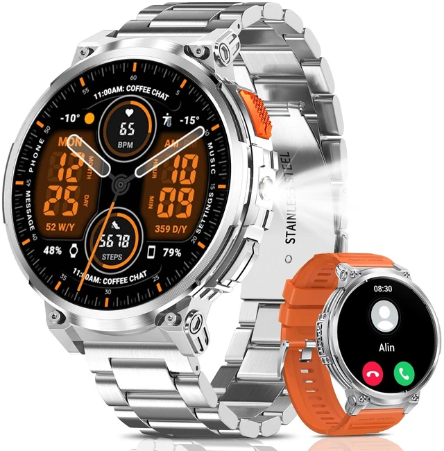 Main image of Military Smart Watch for Men, 1.85" Big Screen, Flashlight, 930mAh Battery Bluetooth Calling, IP68 Waterproof, 114 Sports Modes, 2 Bands, Fitness Tracker, Compatible with Android & iPhone