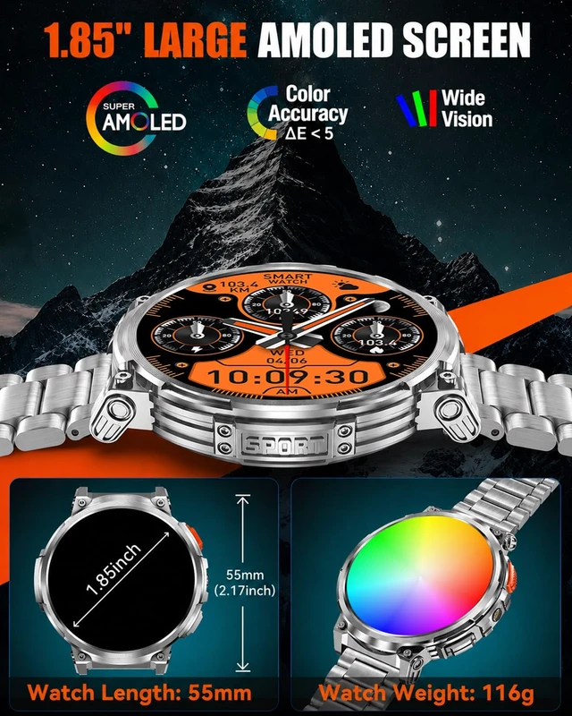 Alt view image 2 of 7 - Military Smart Watch for Men, 1.85" Big Screen, Flashlight, 930mAh Battery Bluetooth Calling, IP68 Waterproof, 114 Sports Modes, 2 Bands, Fitness Tracker, Compatible with Android & iPhone