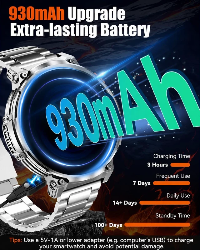 Alt view image 3 of 7 - Military Smart Watch for Men, 1.85" Big Screen, Flashlight, 930mAh Battery Bluetooth Calling, IP68 Waterproof, 114 Sports Modes, 2 Bands, Fitness Tracker, Compatible with Android & iPhone