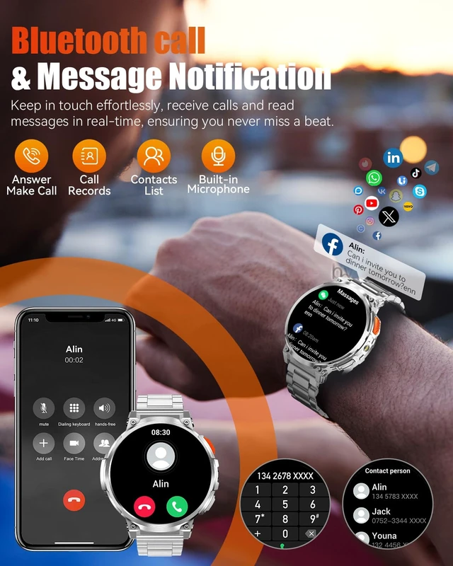 Alt view image 5 of 7 - Military Smart Watch for Men, 1.85" Big Screen, Flashlight, 930mAh Battery Bluetooth Calling, IP68 Waterproof, 114 Sports Modes, 2 Bands, Fitness Tracker, Compatible with Android & iPhone