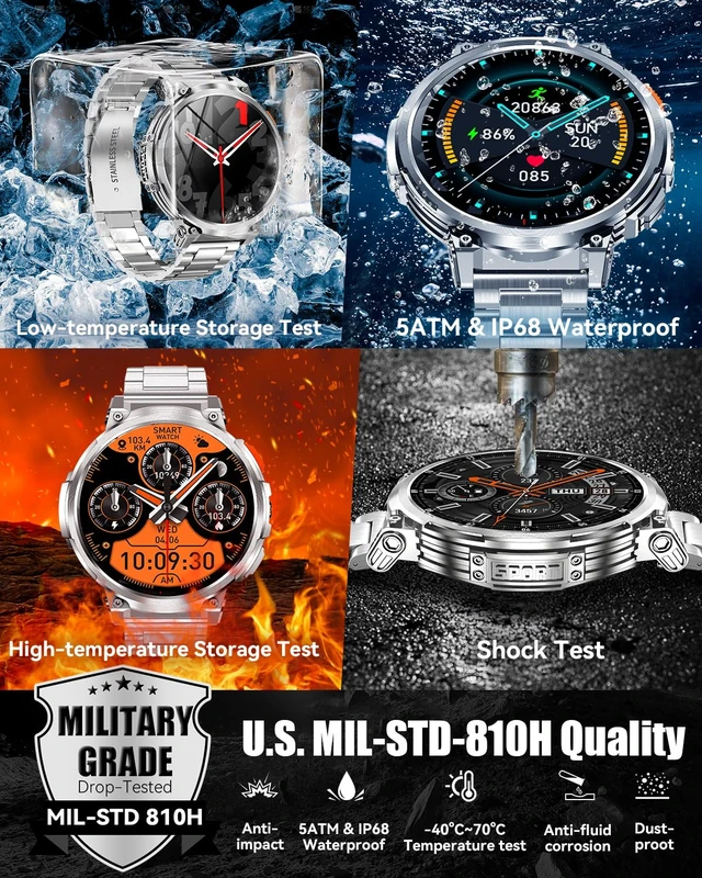 Alt view image 4 of 7 - Military Smart Watch for Men, 1.85" Big Screen, Flashlight, 930mAh Battery Bluetooth Calling, IP68 Waterproof, 114 Sports Modes, 2 Bands, Fitness Tracker, Compatible with Android & iPhone