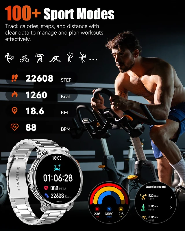 Alt view image 6 of 7 - Military Smart Watch for Men, 1.85" Big Screen, Flashlight, 930mAh Battery Bluetooth Calling, IP68 Waterproof, 114 Sports Modes, 2 Bands, Fitness Tracker, Compatible with Android & iPhone