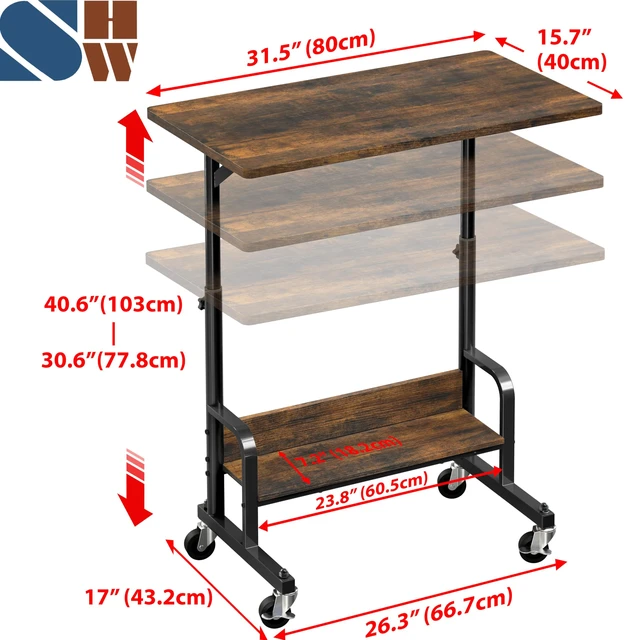 Alt view image 2 of 7 - Height Adjustable Mobile Standing Desk Laptop Cart, Rustic Brown Height Adjustable from 30.5~40.5" w/ Lockable Wheels Storage Shelf