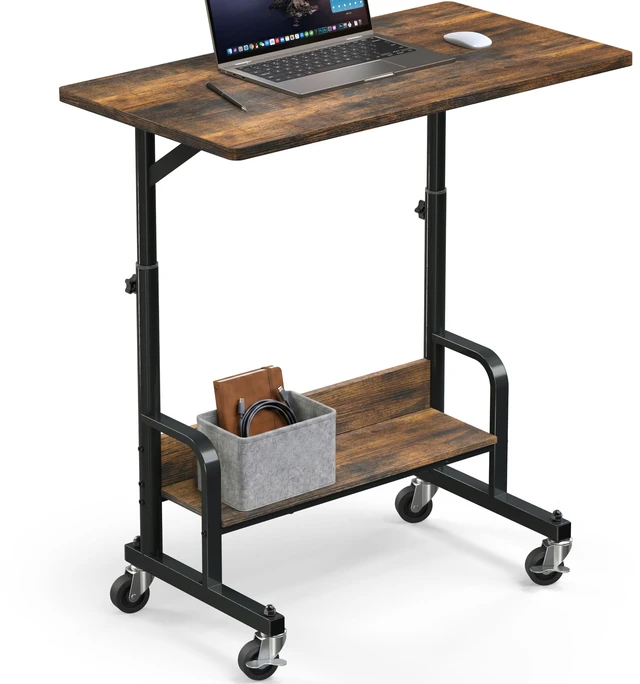 Main image of Height Adjustable Mobile Standing Desk Laptop Cart, Rustic Brown Height Adjustable from 30.5~40.5" w/ Lockable Wheels Storage Shelf