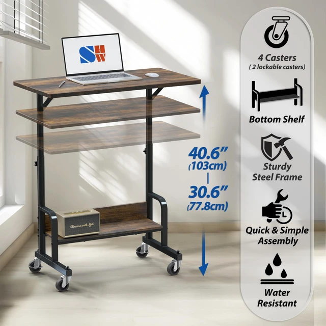 Alt view image 3 of 7 - Height Adjustable Mobile Standing Desk Laptop Cart, Rustic Brown Height Adjustable from 30.5~40.5" w/ Lockable Wheels Storage Shelf
