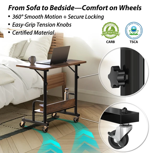 Alt view image 6 of 7 - Height Adjustable Mobile Standing Desk Laptop Cart, Rustic Brown Height Adjustable from 30.5~40.5" w/ Lockable Wheels Storage Shelf