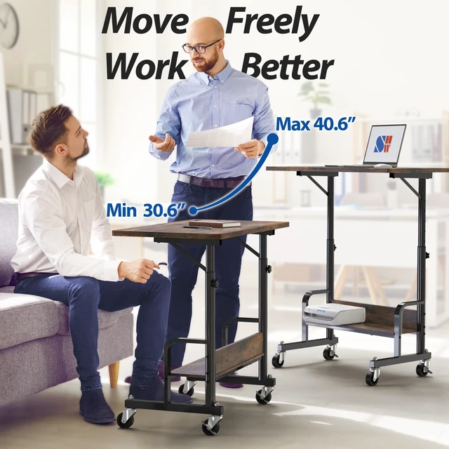 Alt view image 7 of 7 - Height Adjustable Mobile Standing Desk Laptop Cart, Rustic Brown Height Adjustable from 30.5~40.5" w/ Lockable Wheels Storage Shelf
