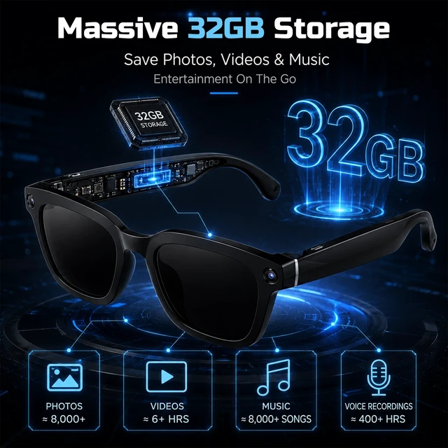Alt view image 3 of 7 - Alpha Smart Bluetooth Sunglasses AI Voice, HD Camera, 32GB Storage, UV Protection, Anti-Blue Light, Stylish Design