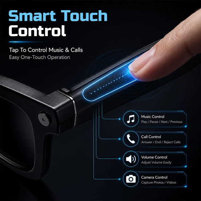 Alt view image 6 of 7 - Alpha Smart Bluetooth Sunglasses AI Voice, HD Camera, 32GB Storage, UV Protection, Anti-Blue Light, Stylish Design