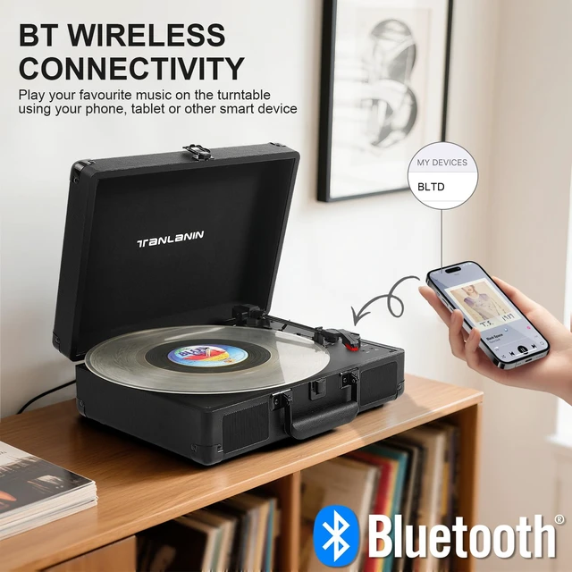 Alt view image 2 of 7 - Portable Record Player with Bluetooth, 3-Speed Belt-Drive Turntable Vinyl Player, Suitcase Record Players with Built-in Stereo Speakers, Bass/Treble Control, RCA/AUX/Headphone Jack, Black