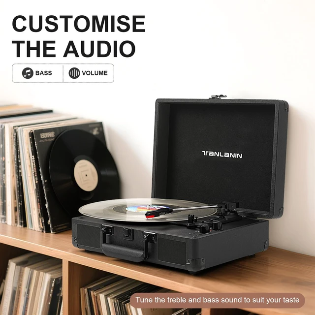 Alt view image 3 of 7 - Portable Record Player with Bluetooth, 3-Speed Belt-Drive Turntable Vinyl Player, Suitcase Record Players with Built-in Stereo Speakers, Bass/Treble Control, RCA/AUX/Headphone Jack, Black