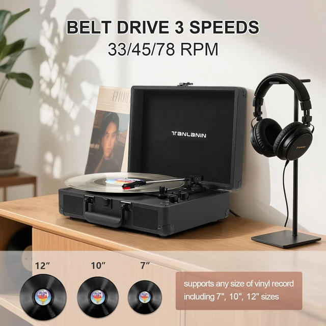Alt view image 4 of 7 - Portable Record Player with Bluetooth, 3-Speed Belt-Drive Turntable Vinyl Player, Suitcase Record Players with Built-in Stereo Speakers, Bass/Treble Control, RCA/AUX/Headphone Jack, Black