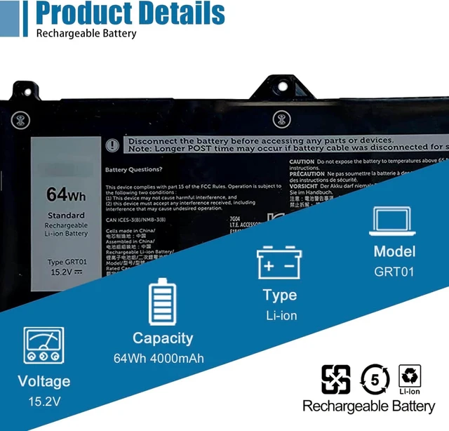 Alt view image 3 of 7 - GRT01 Laptop Battery Replacement for Dell Latitude 5421 5431 5521 5531 Precision 3561 3470 3571 3581 3591 Mobile Workstation Alienware m17 R5 AMD Series 9JRV0 00P3TJ 0R05P0 05RGW 15.2V 64Wh 4000mAh