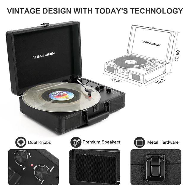 Alt view image 6 of 7 - Portable Record Player with Bluetooth, 3-Speed Belt-Drive Turntable Vinyl Player, Suitcase Record Players with Built-in Stereo Speakers, Bass/Treble Control, RCA/AUX/Headphone Jack, Black