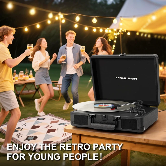 Alt view image 7 of 7 - Portable Record Player with Bluetooth, 3-Speed Belt-Drive Turntable Vinyl Player, Suitcase Record Players with Built-in Stereo Speakers, Bass/Treble Control, RCA/AUX/Headphone Jack, Black