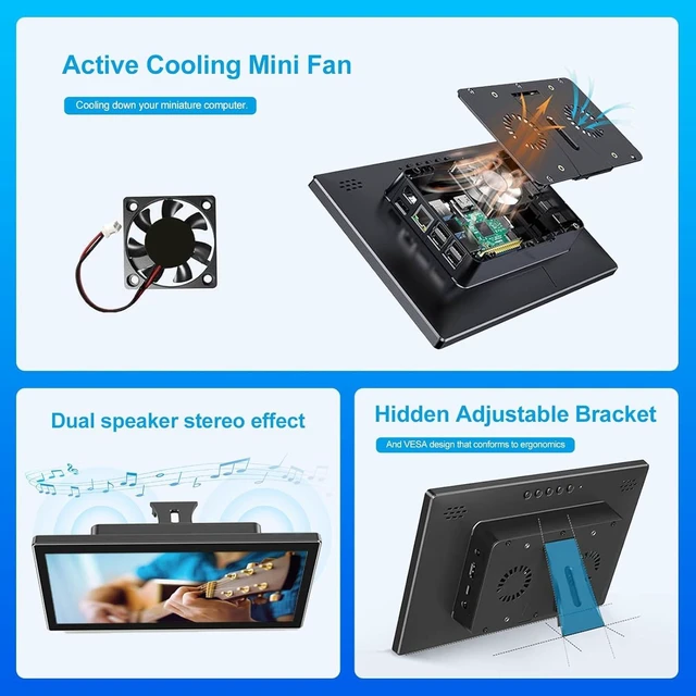 Alt view image 4 of 7 - 10.1 Touchscreen Monitor for Raspberry Pi,1920 * 1200,HDMI USB-C (dark) 10-point touch,Quick response,Dual-Speaker,16:10,178°viewing angle,400nits,1500:1,VESA,72%NTSC,IPS