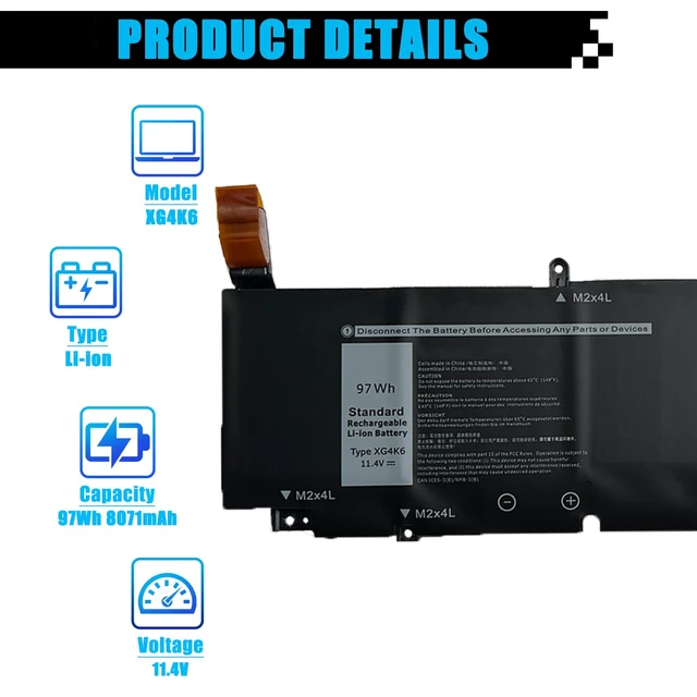 Alt view image 2 of 7 - 97Wh XG4K6 Battery Replacement for Dell XPS 17 9700 9710 9720 9730 / Precision 5750 5760 5770 Series P92F P92F001 P92F002 P92F003 01RR3 001RR3 F8CPG 0F8CPG 5XJ6R KVPMY 0YY3V KRDHV 11.4V