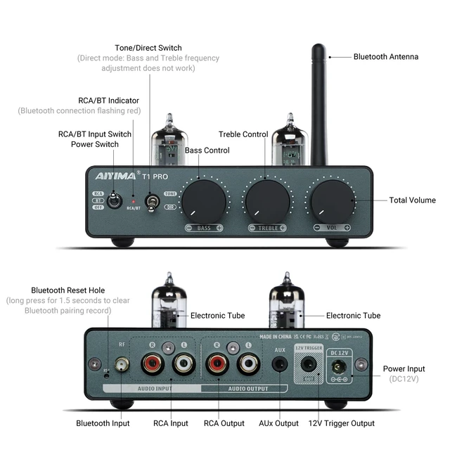 Alt view image 2 of 7 - T1 PRO Vacuum Tube Preamplifier Bluetooth 5.1 with Treble Bass 12V Trigger/RCA Out Swappable Op-Amp & Tubes Home Audio Pre-amp for 2.0/2.1 A07 MAX Stereo Amplifiers & Bookshelf Speaker
