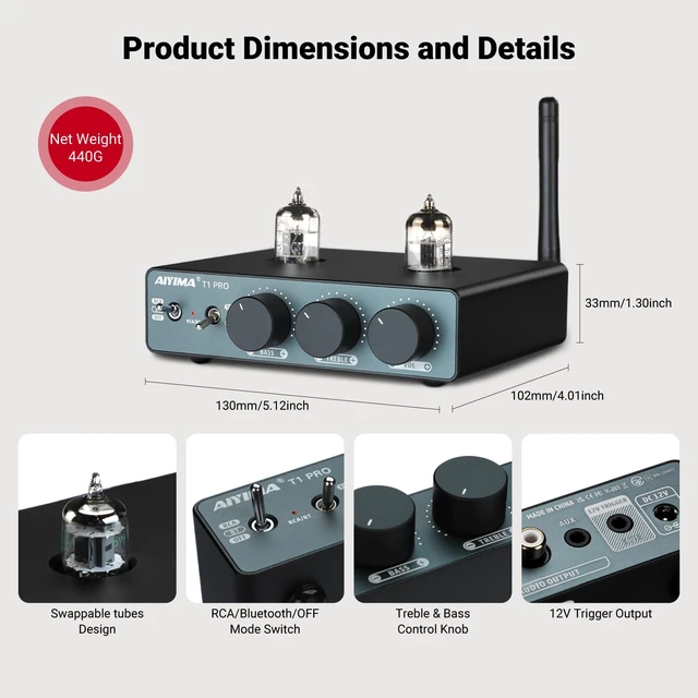 Alt view image 3 of 7 - T1 PRO Vacuum Tube Preamplifier Bluetooth 5.1 with Treble Bass 12V Trigger/RCA Out Swappable Op-Amp & Tubes Home Audio Pre-amp for 2.0/2.1 A07 MAX Stereo Amplifiers & Bookshelf Speaker