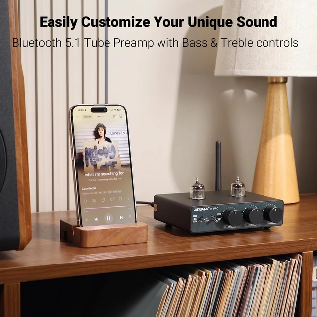 Alt view image 4 of 7 - T1 PRO Vacuum Tube Preamplifier Bluetooth 5.1 with Treble Bass 12V Trigger/RCA Out Swappable Op-Amp & Tubes Home Audio Pre-amp for 2.0/2.1 A07 MAX Stereo Amplifiers & Bookshelf Speaker