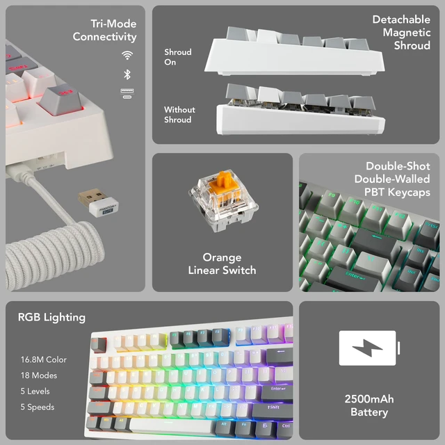 Alt view image 3 of 7 - Phantom+ Elite TKL 87 RGB Mechanical Gaming Keyboard Wireless Bluetooth 5.0 2.4GHz USB C Wired Hot Swappable 5 Pin Double Shot PBT Keycaps Creamy Wraith Orange Tactile Switch, White