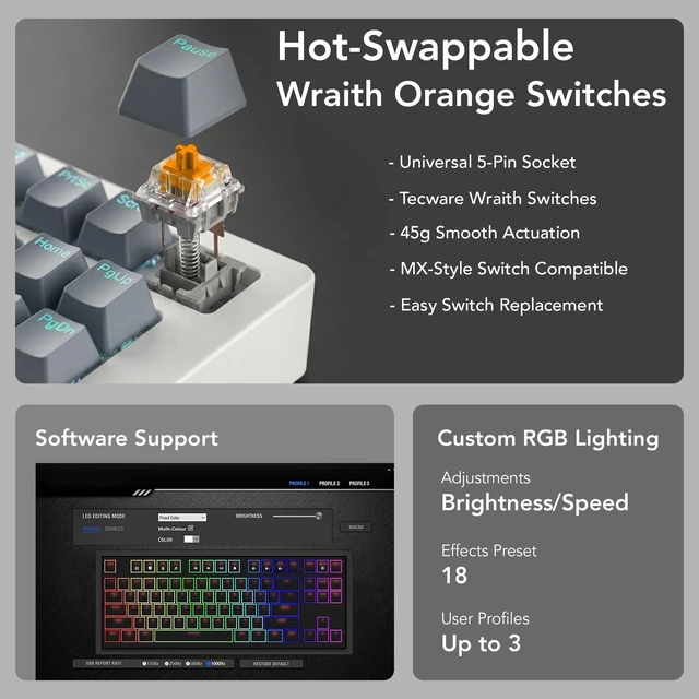 Alt view image 5 of 7 - Phantom+ Elite TKL 87 RGB Mechanical Gaming Keyboard Wireless Bluetooth 5.0 2.4GHz USB C Wired Hot Swappable 5 Pin Double Shot PBT Keycaps Creamy Wraith Orange Tactile Switch, White