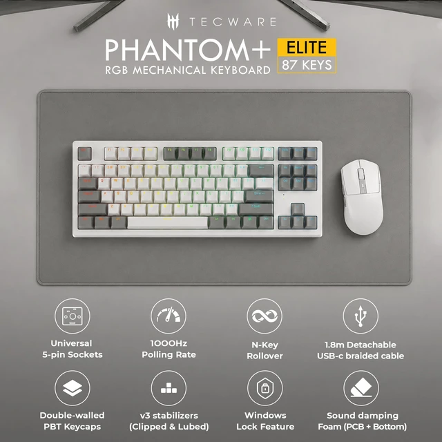 Alt view image 2 of 7 - Phantom+ Elite 87 Key RGB Mechanical Gaming Keyboard 3 Mode Wireless Bluetooth 5.0 2.4GHz & USB C Wired Hot Swappable 5 Pin Double Shot PBT Keycaps Wraith Red Switch - White