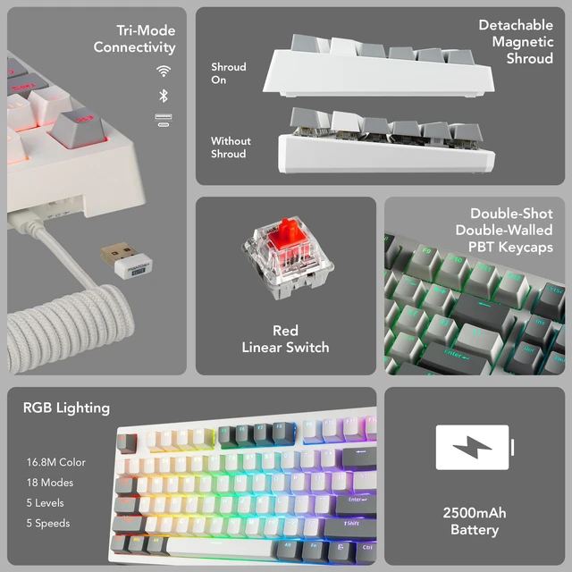 Alt view image 3 of 7 - Phantom+ Elite 87 Key RGB Mechanical Gaming Keyboard 3 Mode Wireless Bluetooth 5.0 2.4GHz & USB C Wired Hot Swappable 5 Pin Double Shot PBT Keycaps Wraith Red Switch - White