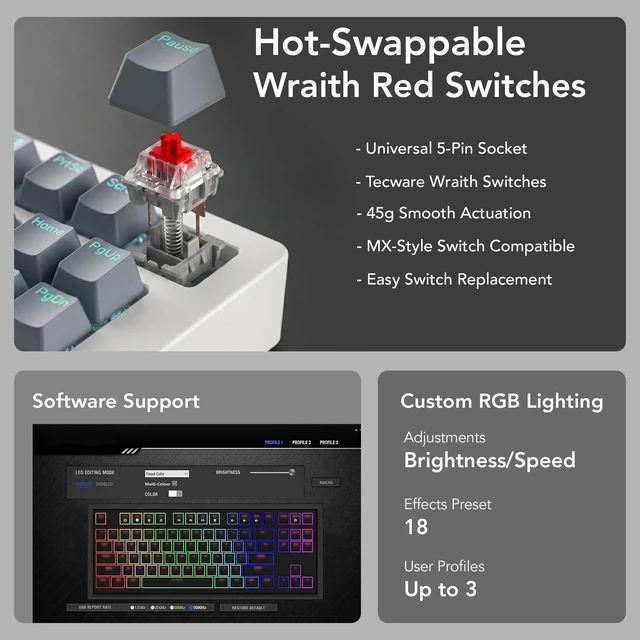 Alt view image 5 of 7 - Phantom+ Elite 87 Key RGB Mechanical Gaming Keyboard 3 Mode Wireless Bluetooth 5.0 2.4GHz & USB C Wired Hot Swappable 5 Pin Double Shot PBT Keycaps Wraith Red Switch - White