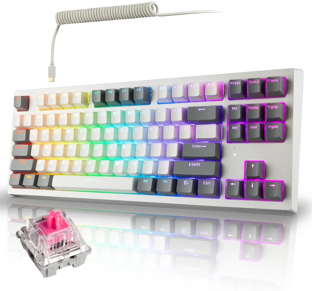 Main image of Phantom+ Elite 87 Key RGB Mechanical Gaming Keyboard 3 Mode Wireless Bluetooth 5.0 2.4GHz & USB C Wired Hot Swappable 5 Pin Double Shot PBT Keycaps Wraith Pink Switch - White