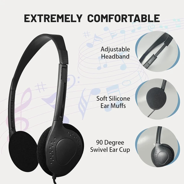 Alt view image 2 of 7 - 25 Pack Headphones for Kids Students School Classroom Adjustable, 3.5mm Jack, Black, Bulk Earphones, For Library Children Adults
