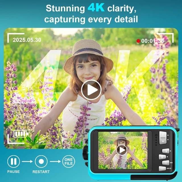 Alt view image 2 of 7 - 4K 64MP Underwater Camera 16FT Compact Digital Waterproof Camera Floatable Dual-Screen Selfie, 1250mAh Battery,16X Digital Zoom,Autofocus,Fill Light, With 32GB Card, Snorkeling & Underwater Trips