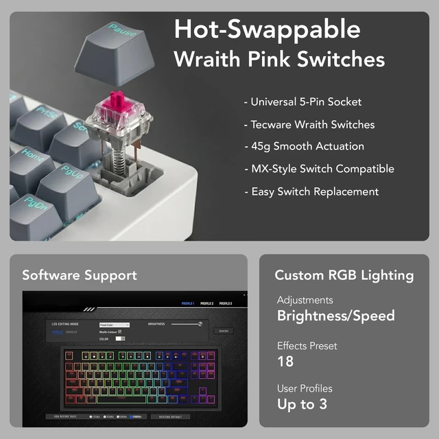 Alt view image 5 of 7 - Phantom+ Elite 87 Key RGB Mechanical Gaming Keyboard 3 Mode Wireless Bluetooth 5.0 2.4GHz & USB C Wired Hot Swappable 5 Pin Double Shot PBT Keycaps Wraith Pink Switch - White